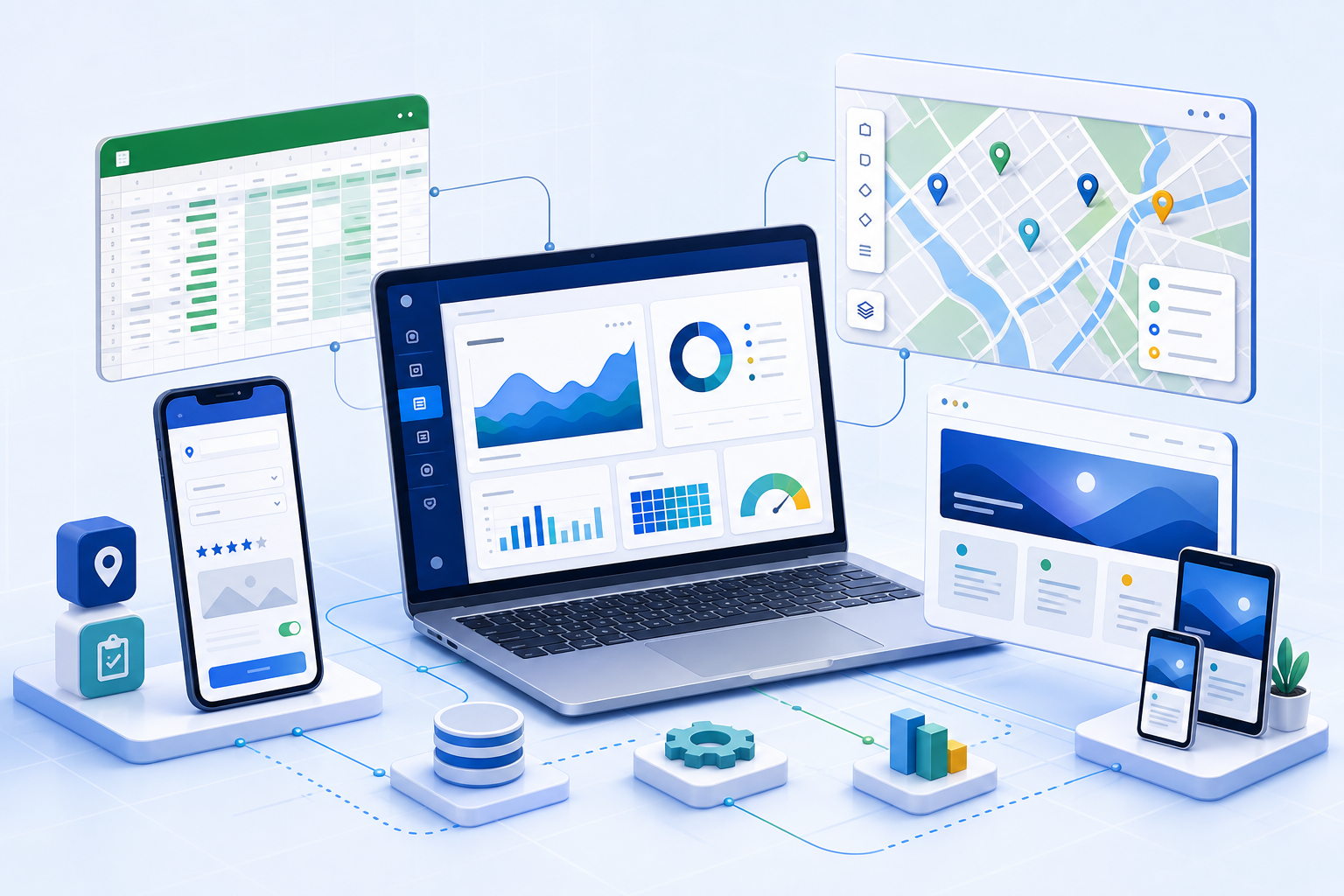 Ilustrasi layanan dashboard, otomasi, pemetaan, survei digital, dan pembuatan website